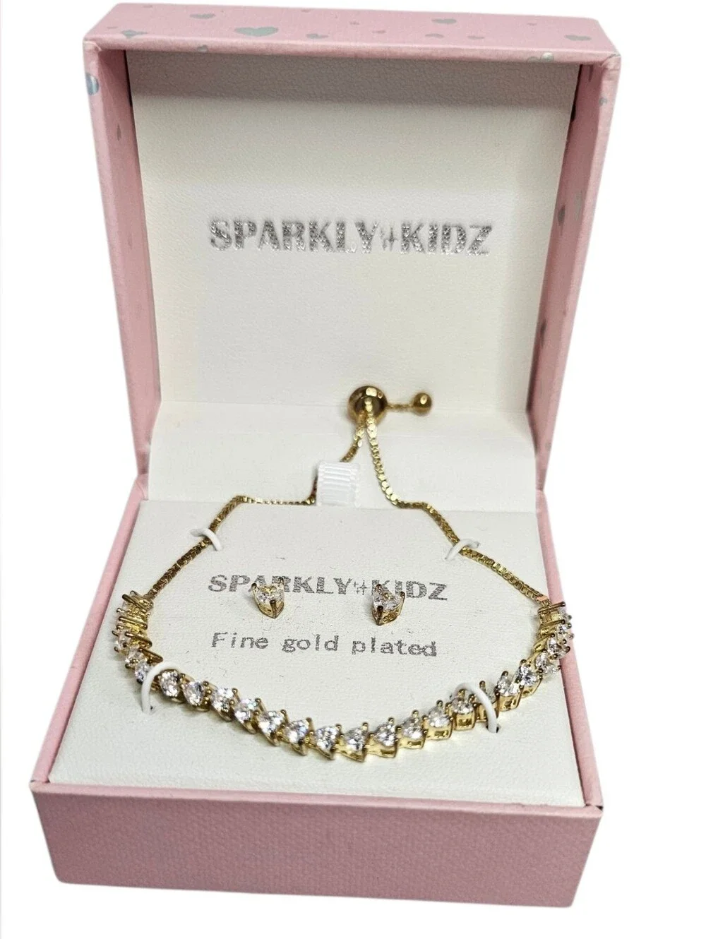Sparkly Kidz Crystal-paved Tennis Bolo Bracelet & Heart Stud Earrings Set